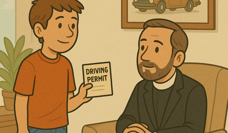 A young boy had just gotten his driving permit.