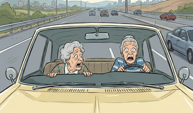 Two elderly women were driving in a large car